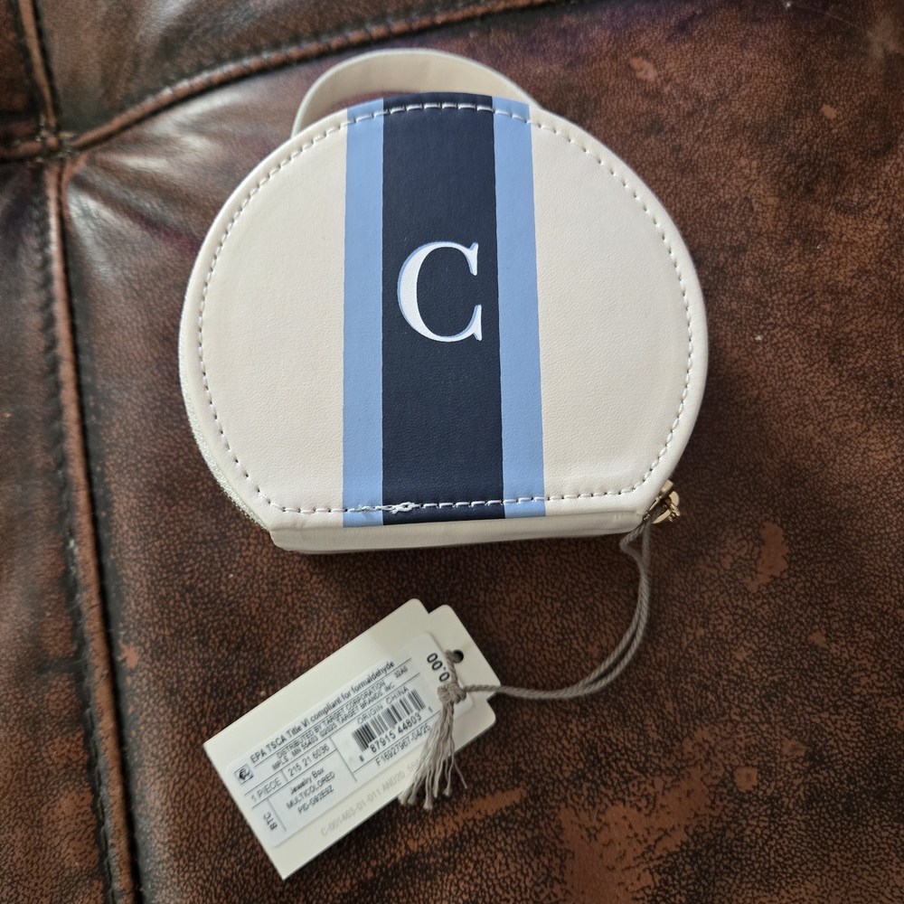 a new day Cream and Navy Monogram C Round Coin Case